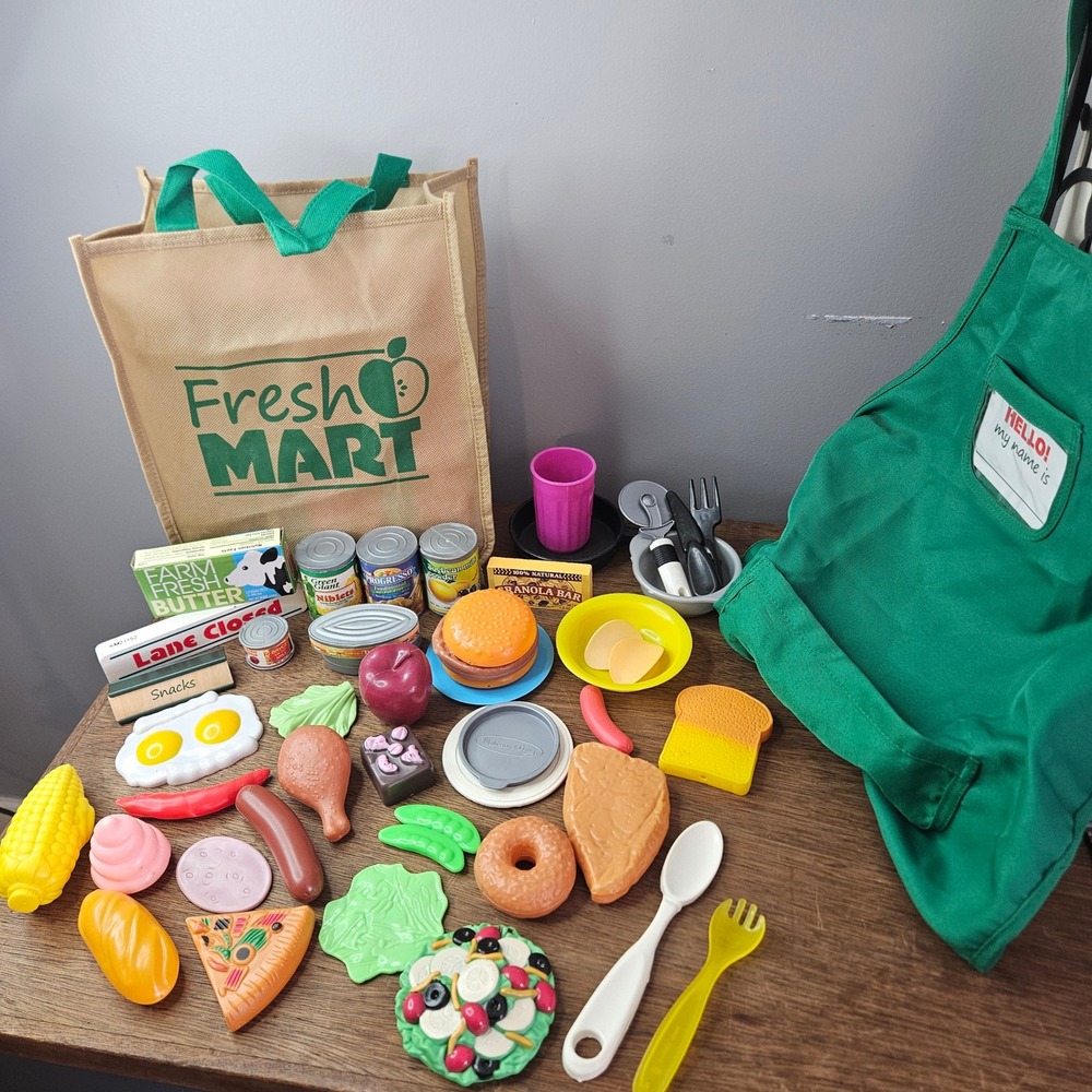 Melissa & Doug +Misc Fresh Mart Grocery Store‎ Play Food Set w/ Apron & Bag 48pc